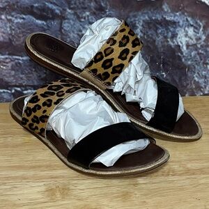UGG Amalia Leopard Animal Leather Slip On Flat Slide Sandals Women's Size 8